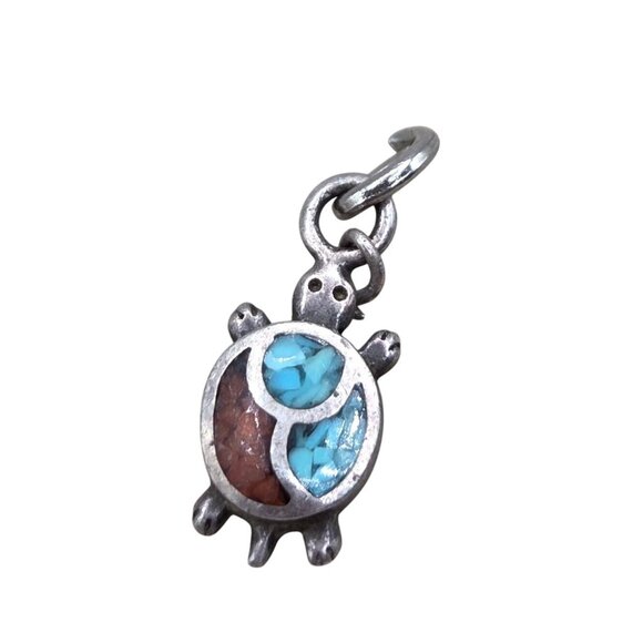Vintage Turtle Pendant With Turquoise & Coral Inlay Silver Tone Jewelry Charm - Picture 1 of 2
